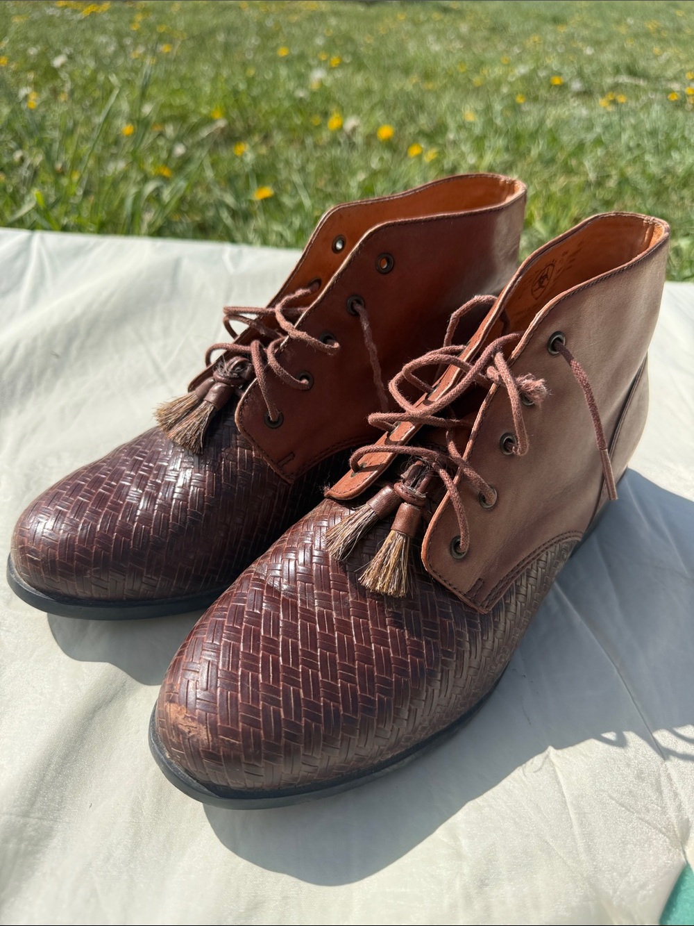 Ariat Brown Leather Woven Lace-Up Tassel Ankle Boots